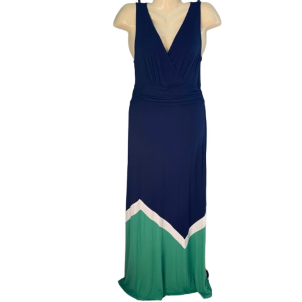 Pixley Abi Colorblock Maxi Dress Medium M Navy and Green V Neck Stitch